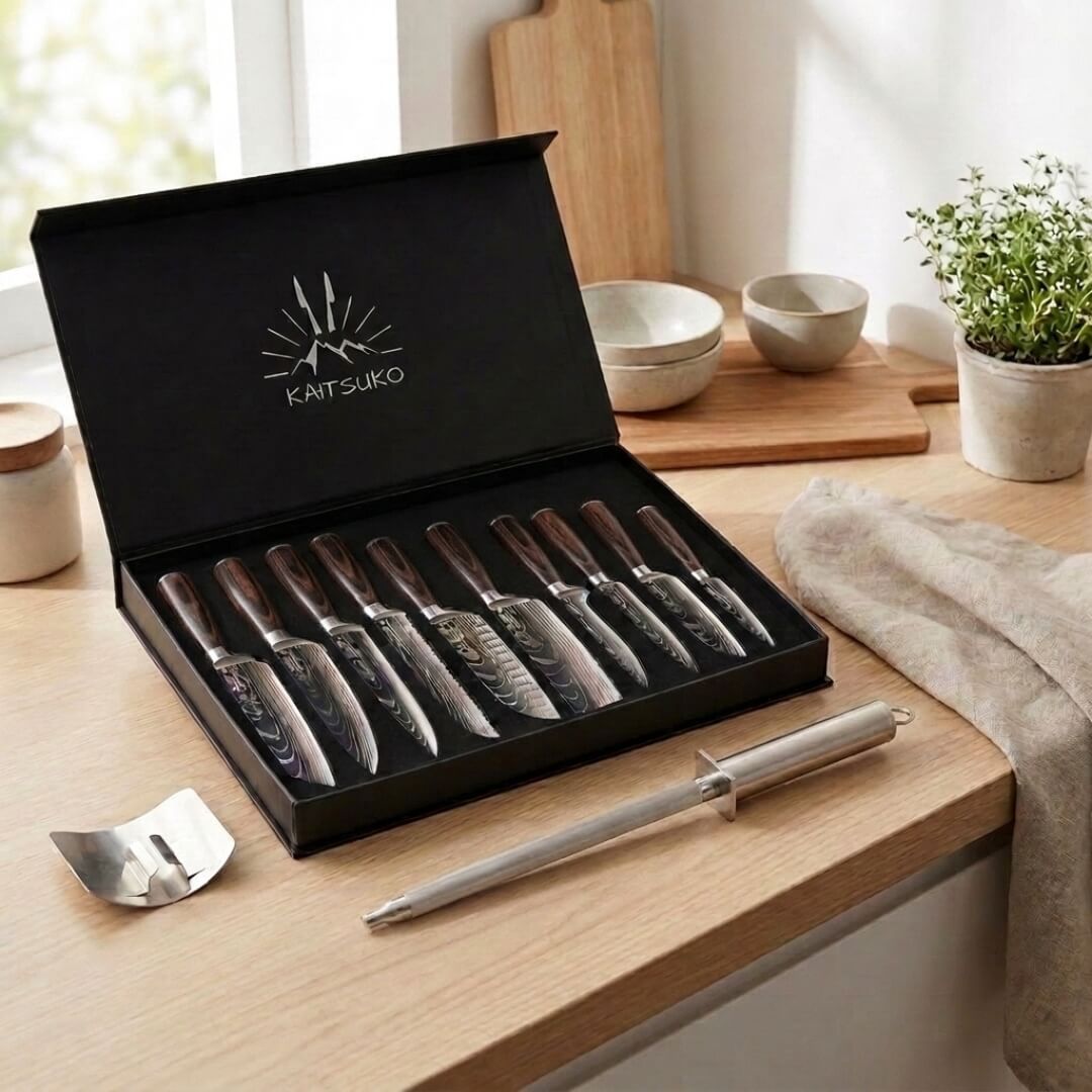 Coffret 10 couteaux japonais manche en bois avec accessoires de cuisine