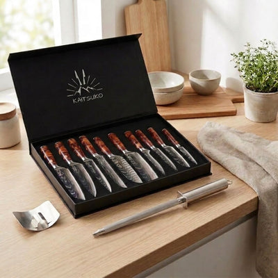coffret 10 couteaux japonais manches marrons avec accessoires de cuisine