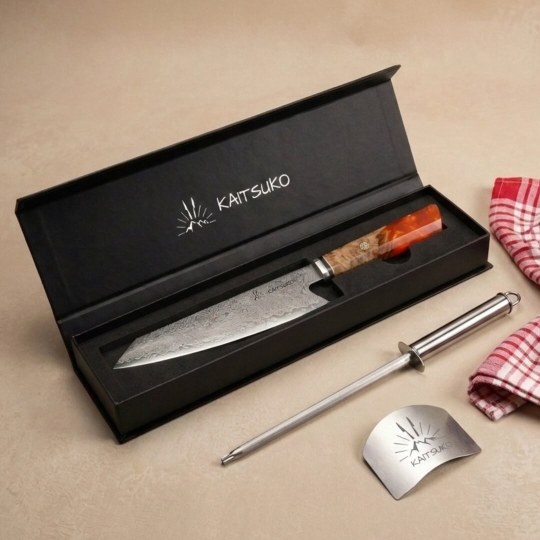 coffret couteau japonais kiritsuke en damas et accessoires de cuisine offerts