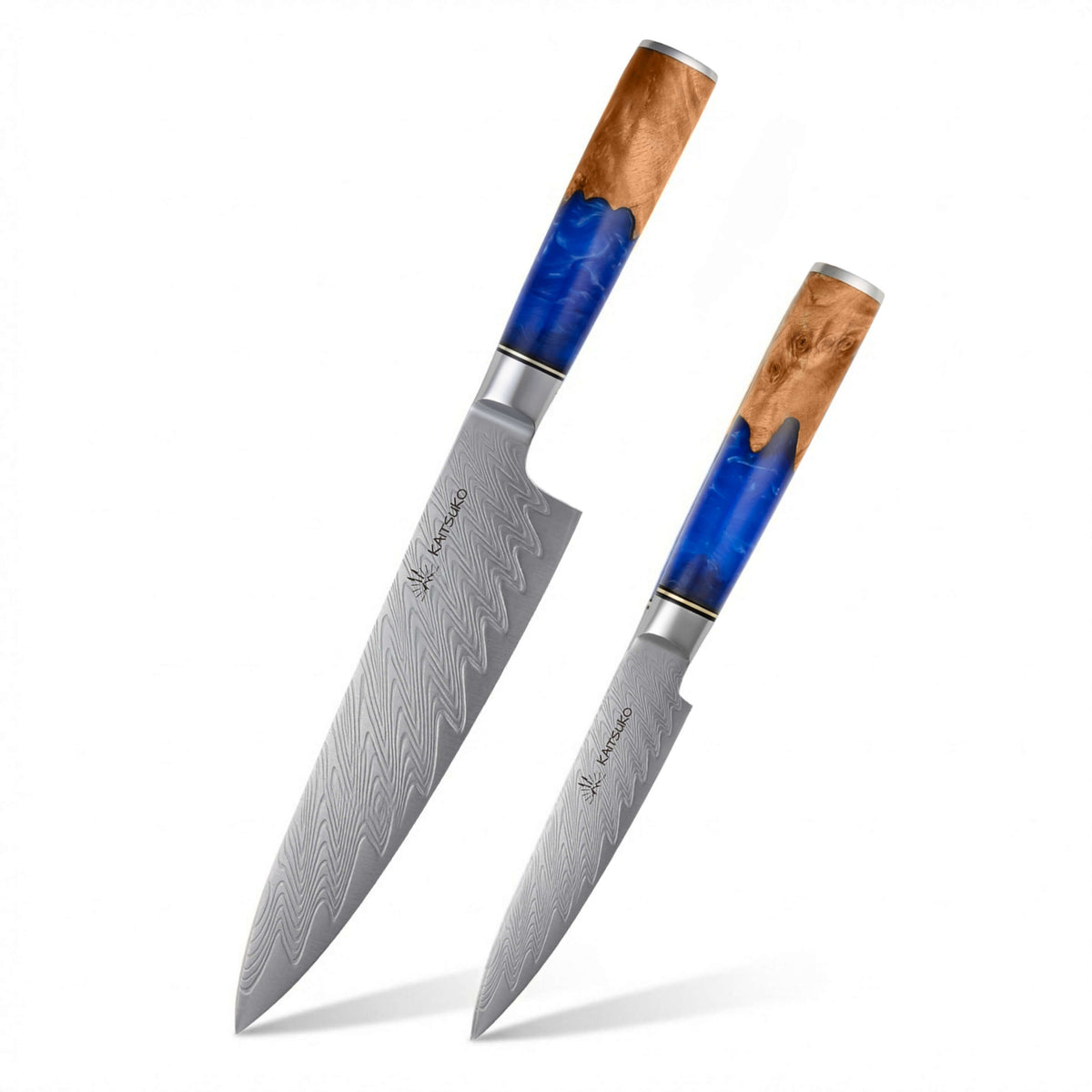 Set de 2 couteaux acier damas Mer Jaune manche bleu et bois kaitsuko