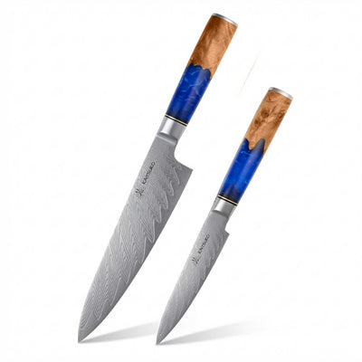 Set de 2 couteaux acier damas Mer Jaune manche bleu et bois